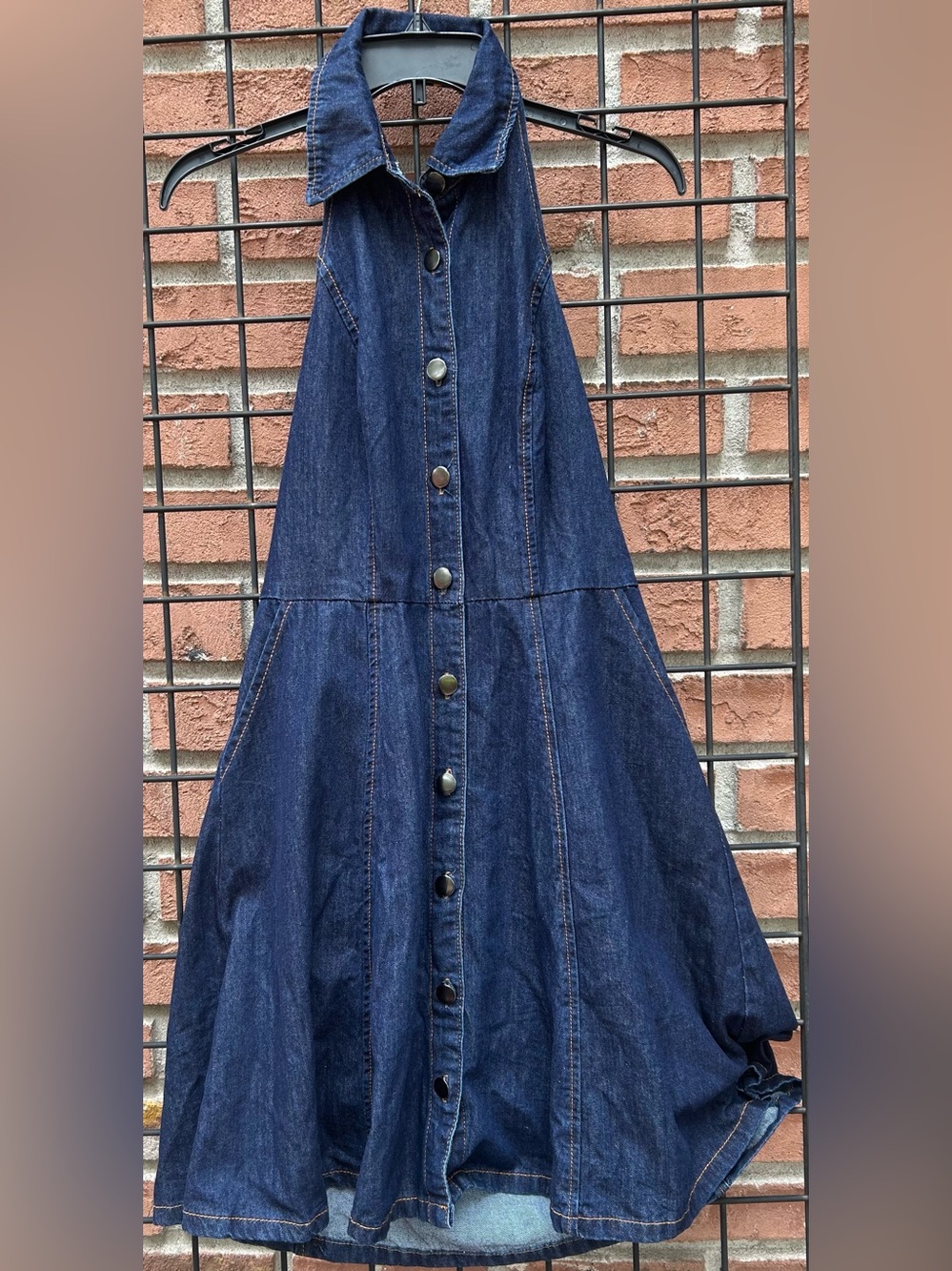 Allegra K Dark Blue Denim Button-Front Halter Dress